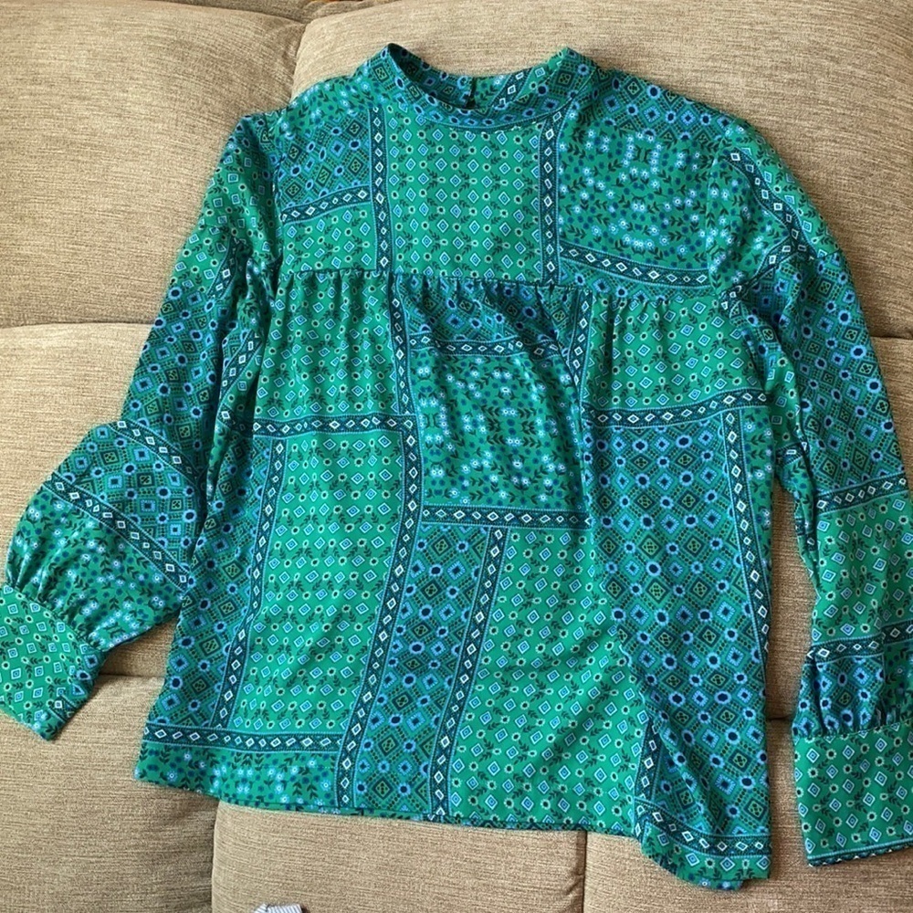 LOFT Green and Blue Patterned Long-Sleeve Peasant Top